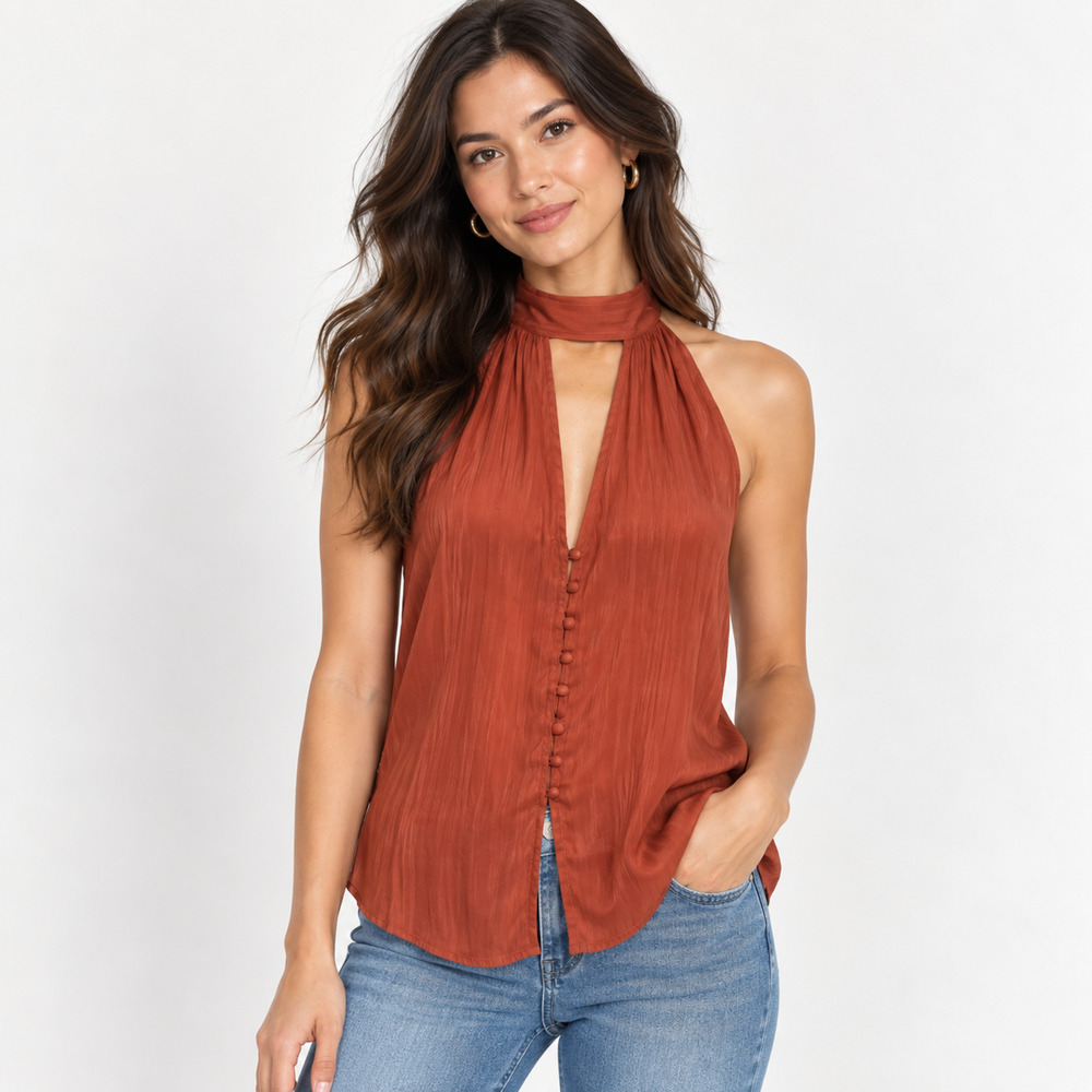 By Anthropologie Cutout Halter Top S Rust Button Front Flowy Sleeveless Blouse